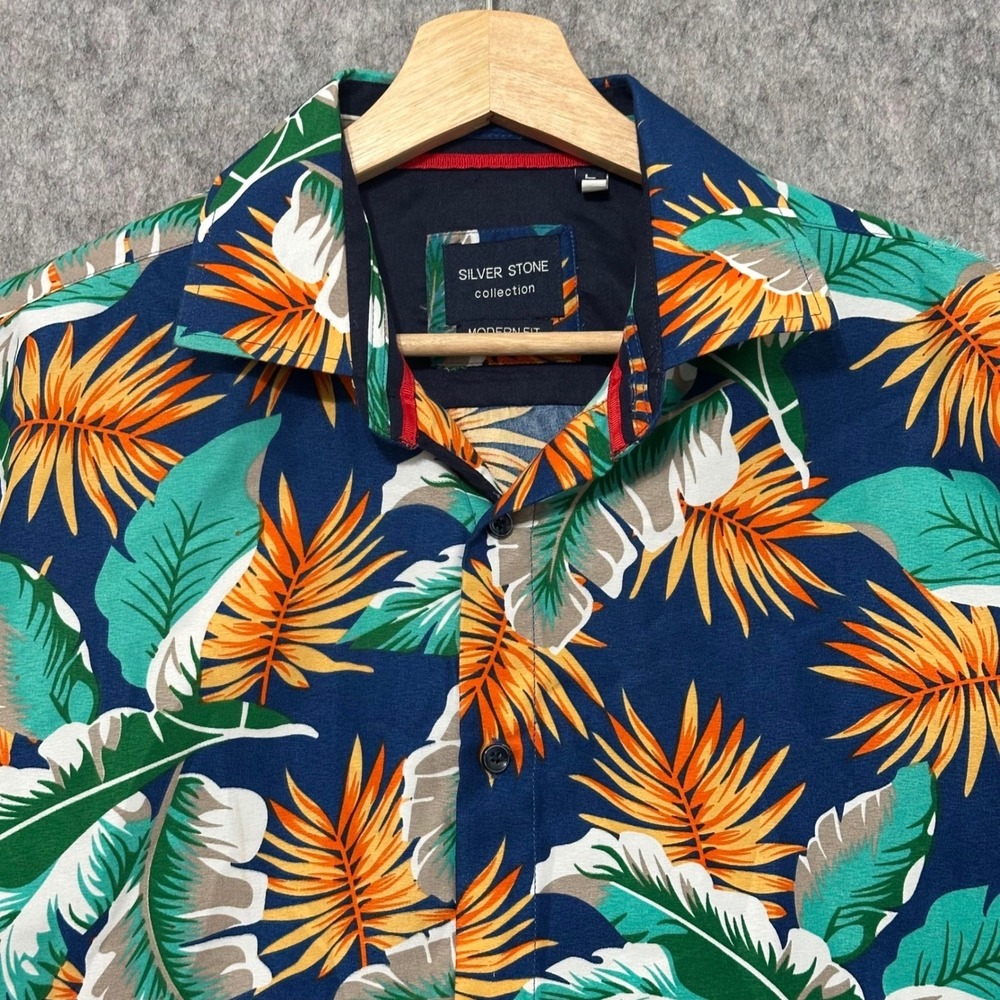Silver Stone Collection Mens Tropical Leaf Short Sleeve Button Up Shirt Size L